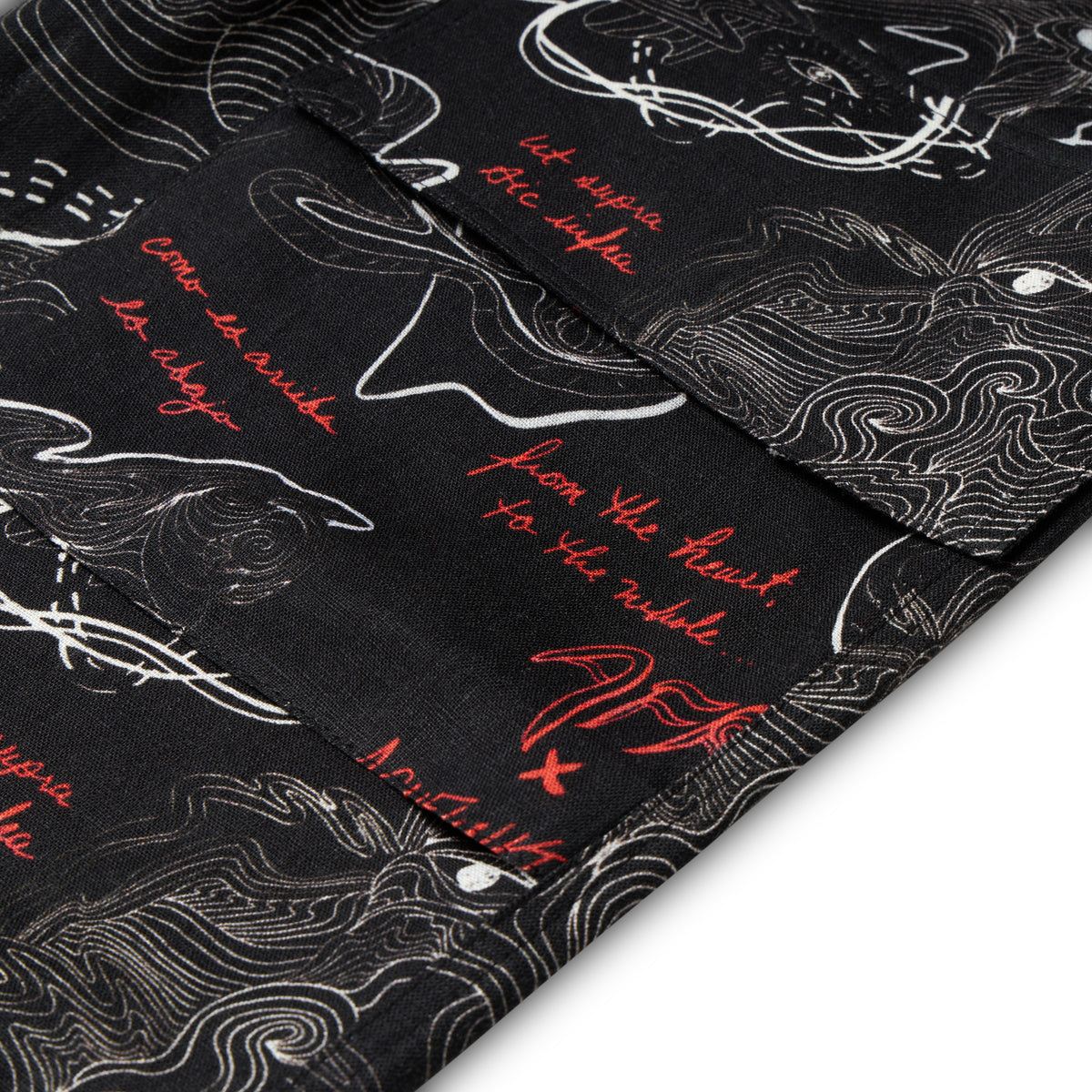 Black fabric with white and red text and patterns